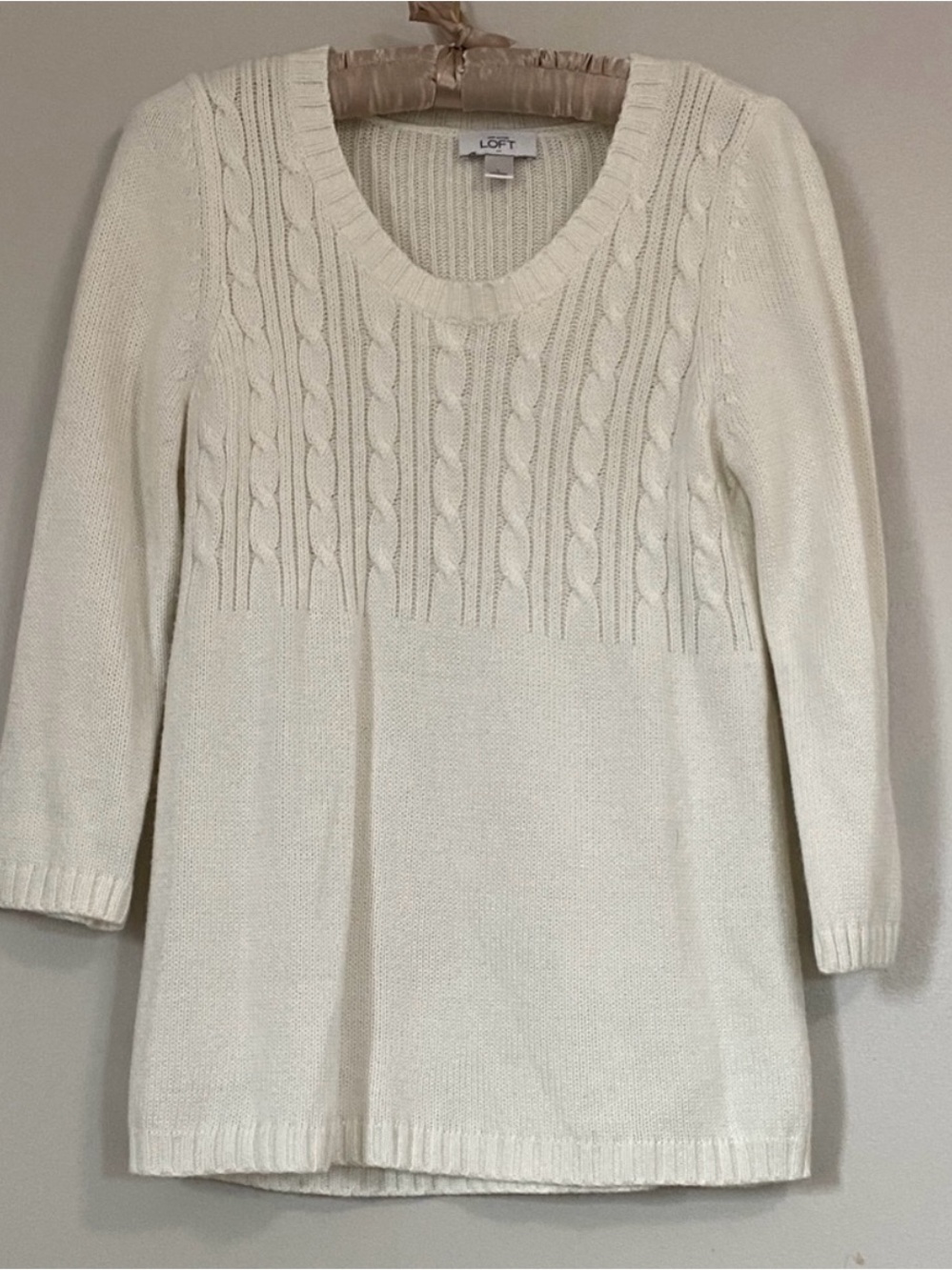 LOFT Cream Cable-Knit Scoop-Neck Sweater